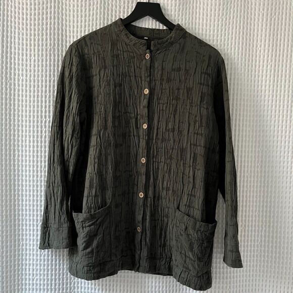 Sage green textured linen-cotton Mao-style jacket - Picture 1 of 4